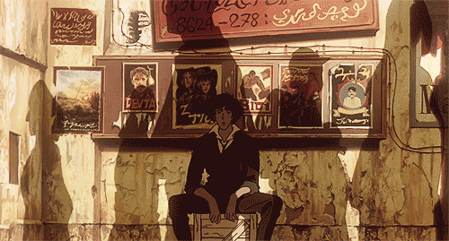 Spike from Cowboy Bebop looking confused as shadows of people pass around him