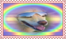 a stamp that has a chill dog with a rainbow circle surrounding it
